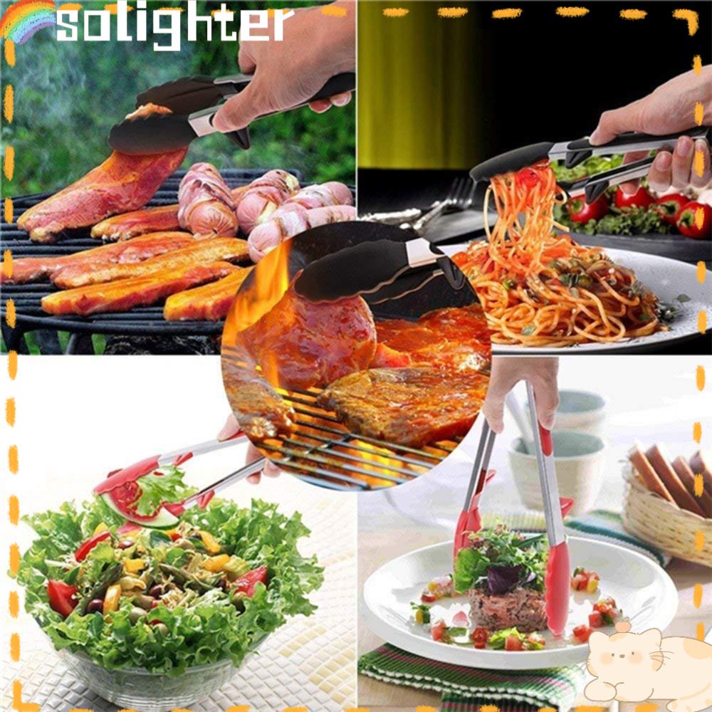 Solighter BBQ Tong Stand Design Tahan Panas Anti Lengket Stainless Steel