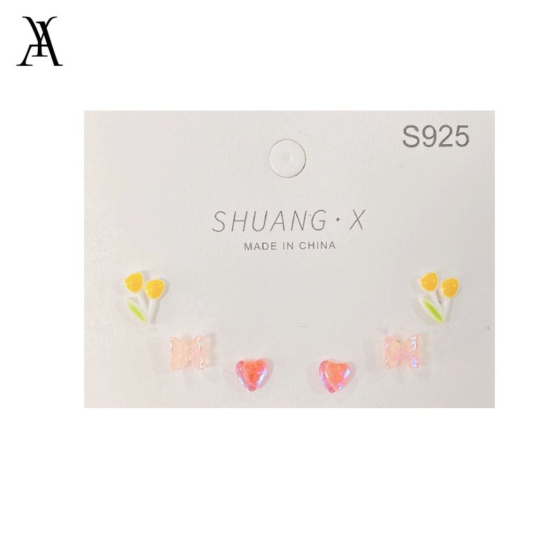 AY(CN) Anting Stud S925 Silver Bentuk Bunga Tulip Butterfly Heart Warna Solid Untuk Wanita