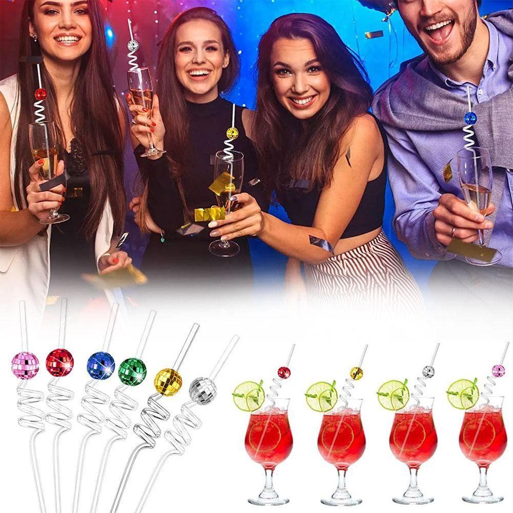 Solighter 6 Pcs Disco Mirror Ball Straw PETG Lengkung Perlengkapan Ulang Tahun Barware Bar Tools