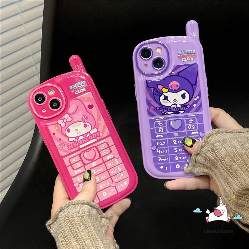 IPHONE Casing Bentuk Ponsel Kepribadian Retro Kompatibel Untuk Iphone11 13 14 12 Pro MAX XR 7 8 Plus X XS MAX SE 2020 Lucu Kreatif Kartun Kuromi Melody Glossy Ungu Roes Merah Soft Case