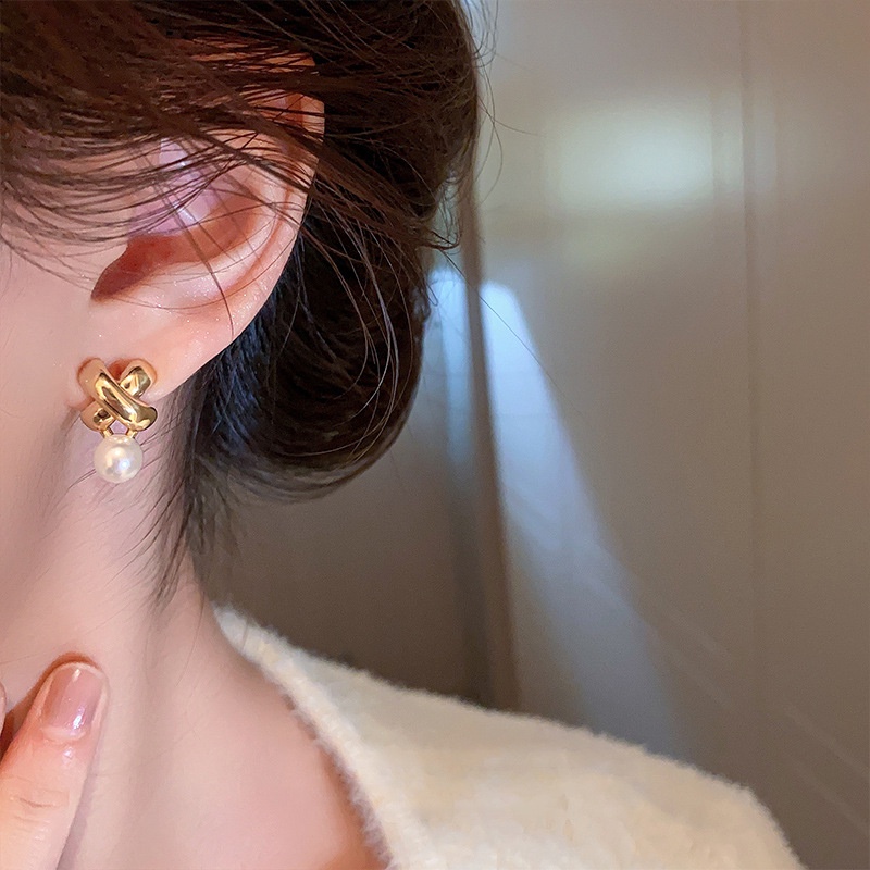 Korea Vintage Logam Salib Anting Mutiara Fashion Wanita Baru S925 Perak Jarum Anting Indah Perhiasan Hadiah