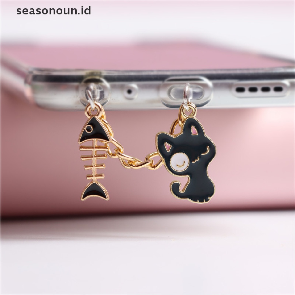 Seasonoun Liontin Colokan Debu Lubang Headphone Ponsel Kucing Bunga Dan Putih.