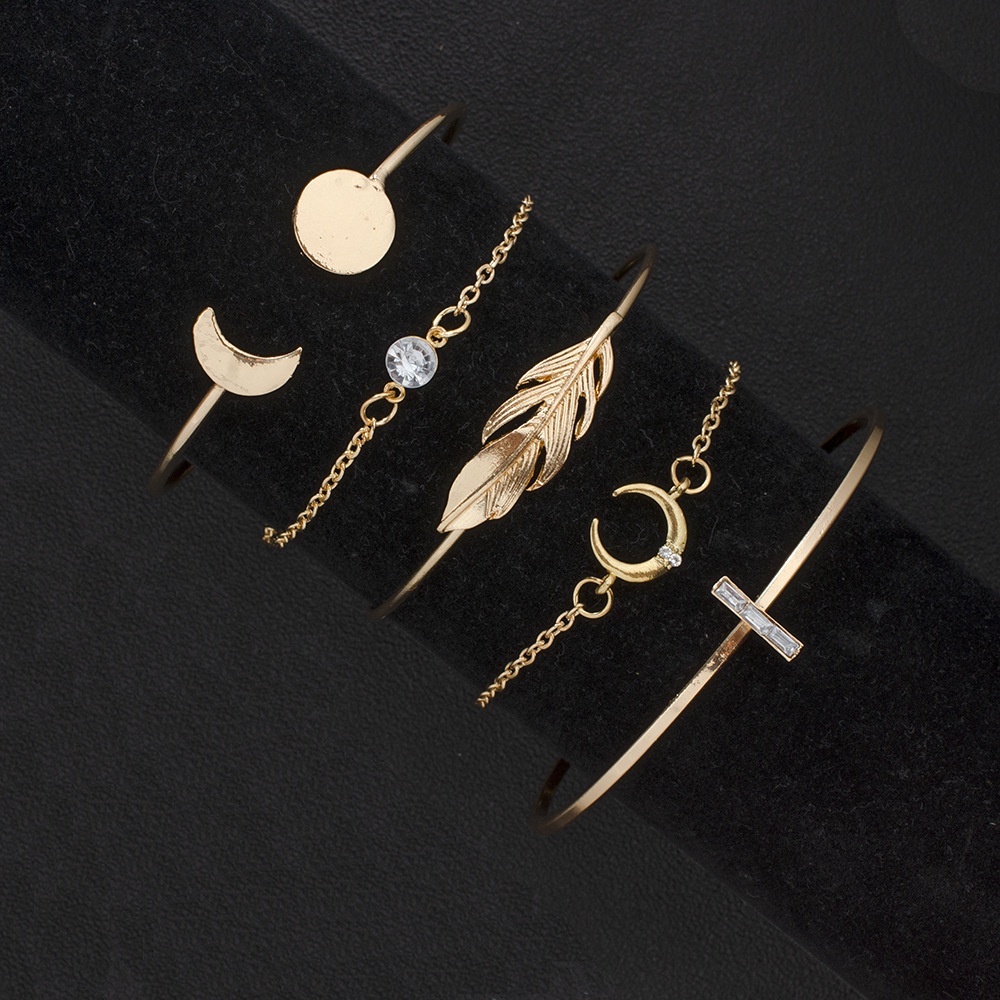 Desain Pribadi Mode Gaya Sederhana Bulu Matahari Dan Bulan Terbuka Gelang Gaya Eropa Dan Amerika Hias Berlian Geometri 5-piece Bracelet