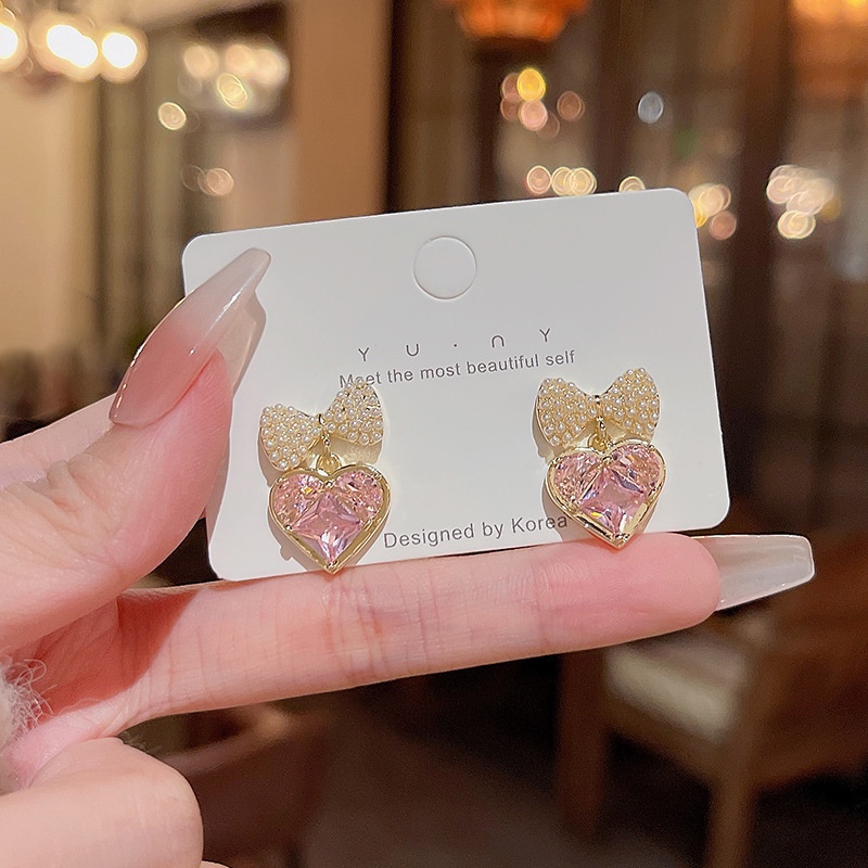 Love Earrings Fashion Zircon Heart-shaped Earrings Versatile Bow Pearl Earrings