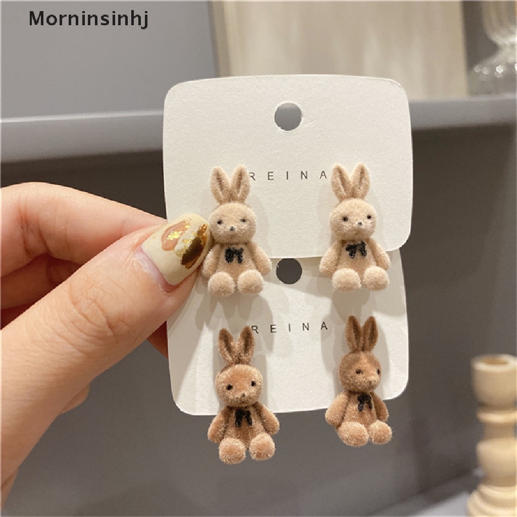 Mornin Cute Flocking Plush Rabbit Bear Stud Earrings Gadis Kawaii Anting Hewan Perhiasan id