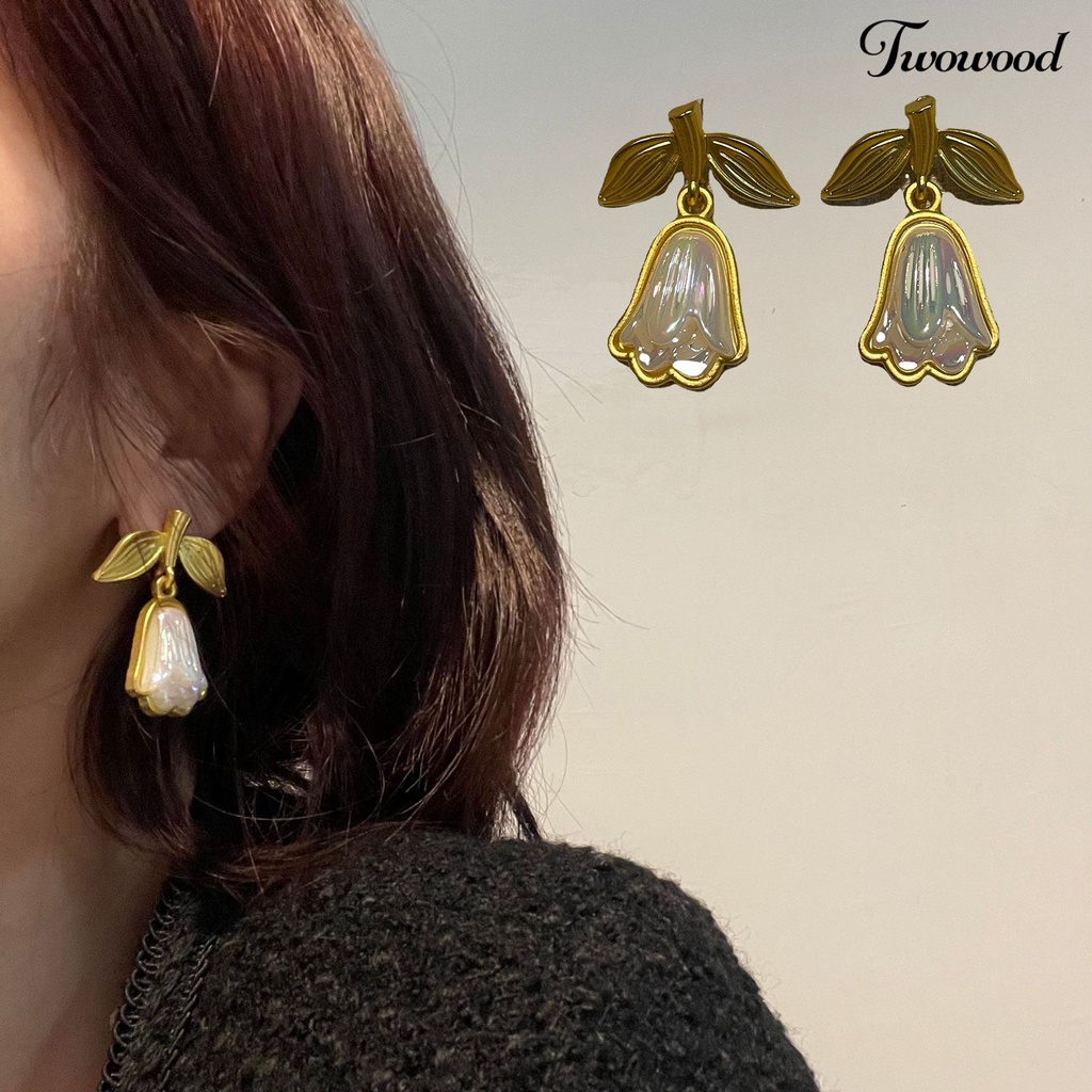 Twowood 1pasang Drop Earrings Golden Leaves Elegan Medieval Peri Bunga Wanita Stud Earrings Fashion Jewelry