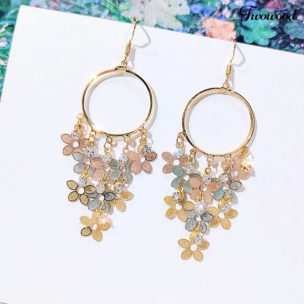 Twowood 1pasang Menjuntai Anting Bunga Dreamcatcher Desain High Gloss Cubic Zirconia Glitter Berdandan Temperamen Bohemian Rumbai Drop Earrings Perhiasan Aksesori