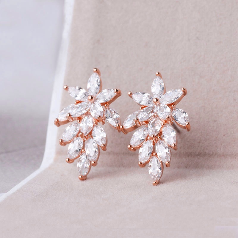 Goldkingdom Fashion Perhiasan Aksesoris Ready Stock Baru Super Berkilau Zirkon Berlian Briliant Kristal Anting Pejantan Eropa Dan Amerika Kreatif Daun Anting-Anting Wanita