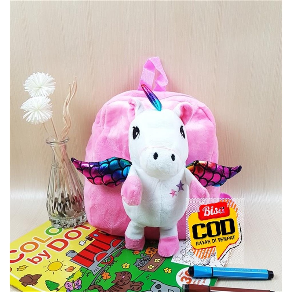 OTS 791 - Ransel Anak Boneka Bulu 3D Karakter Unicorn Tas Punggung Backpack Anak Sekolah Ngaji SD TK PAUD