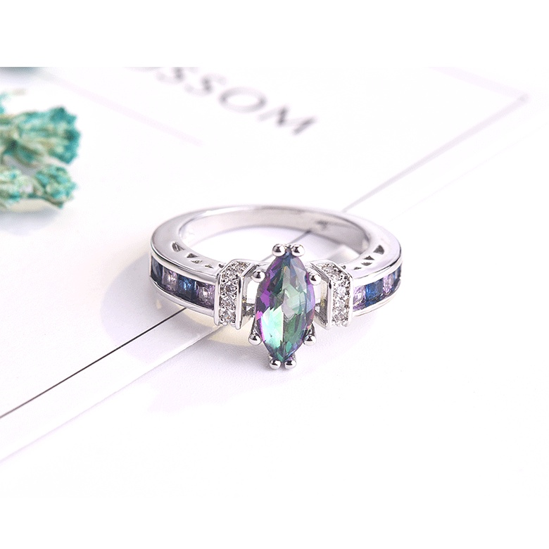 Goldkingdom Aksesoris Perhiasan Fashion Ready Stock Desain Kecil Mata Kuda Amethyst Cincin Wanita Occidental Seven Rainbow 3A Zirkon Berlapis Emas Asli Kadar 375 Putih Dan Perak Cincin