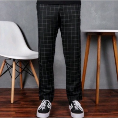 GMK - Celana Panjang Pria Kotak Kotak Tartan All Size Hitam Navy Abu