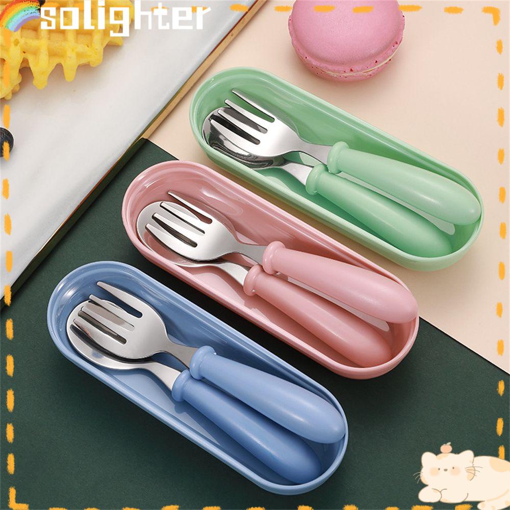 Solighter Set Alat Makan Portable Bayi Dapat Digunakan Kembali Stainless Steel Kartun Alat Makan Sendok Garpu Sendok Set