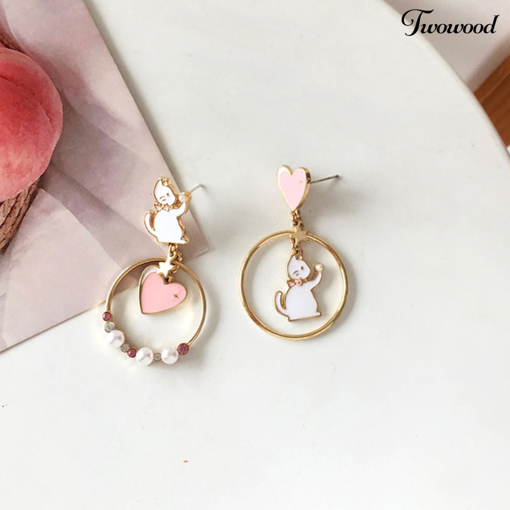 Twowood 1pasang Anting Pejantan Jepang Korea Gaya Berongga Cincin Berlian Imitasi Mutiara Imitasi Hadiah Menyenangkan Kartun Kucing Cinta Hati Gadis Drop Earrings Fashion Perhiasan