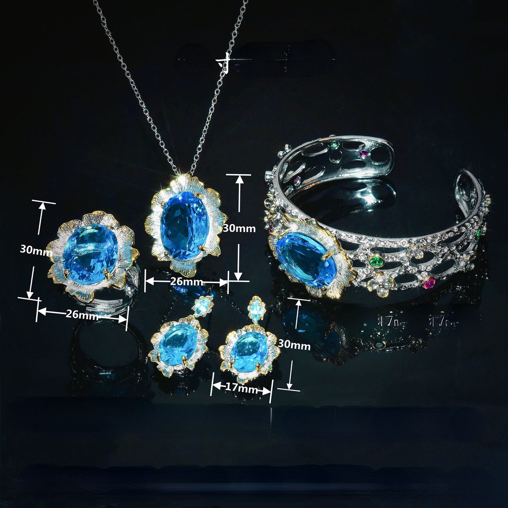 Goldkingdom Aksesoris Perhiasan Fashion Ready Stock Kerajinan Italia Vintage Renda Biru Berlian Kalung Set Aquamarine Cincin Stud Anting Gelang Liontin Wanita