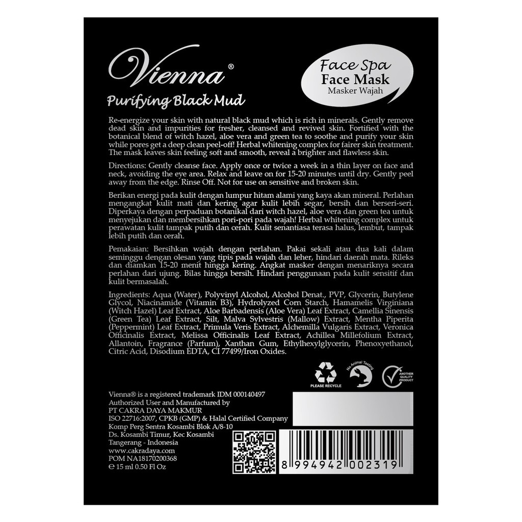 VIENNA FACE MASK PEEL OFF PURIFYING BLACK MUD 15ML