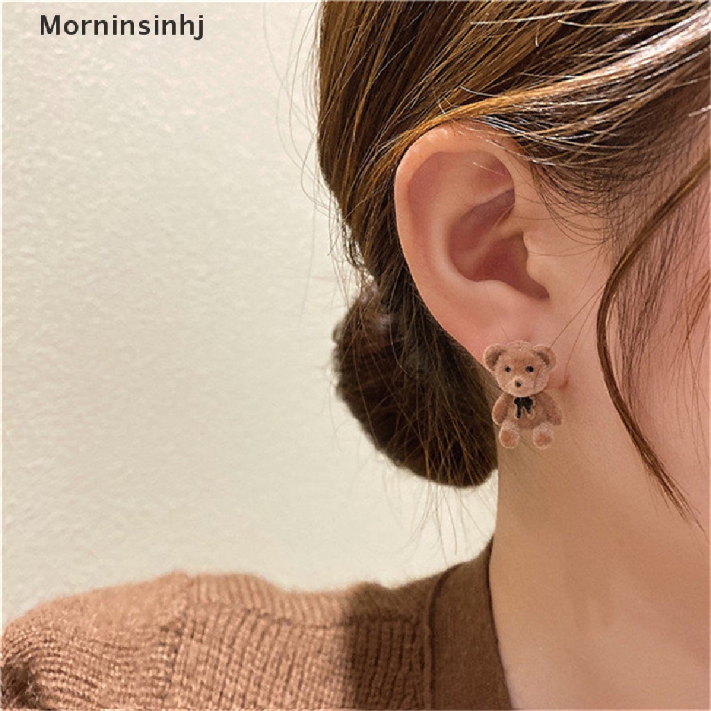 Mornin Cute Flocking Plush Rabbit Bear Stud Earrings Gadis Kawaii Anting Hewan Perhiasan id