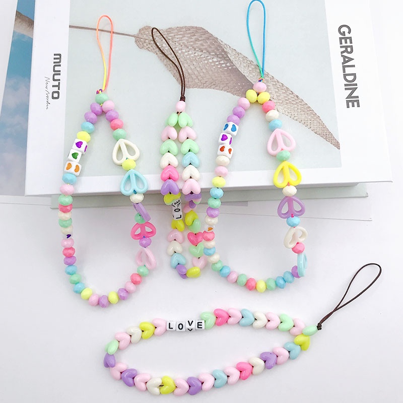 Universal DIY Aksesoris Warna Macaron Handmade Heart Beads Chain Untuk iPhone Android OPPO VIVO Huawei Xiaomi Redmi Samsung Semua Ponsel Earphone Cases