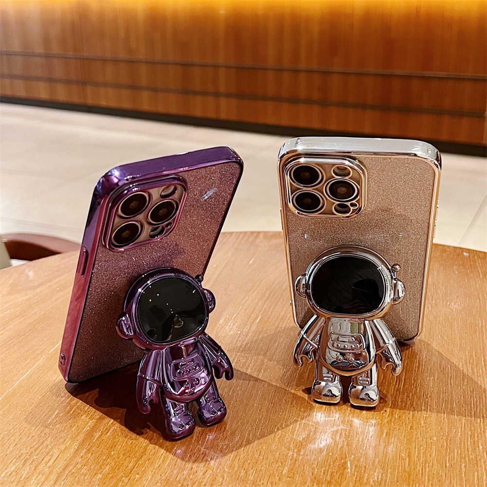 IPHONE Casing Stand Bracket Plating Kartun Astronot Glod Untuk Iphone14 13 12 11 Pro Max X Xr Xs7 8 14 Plus Electroplating Bling Soft Cove