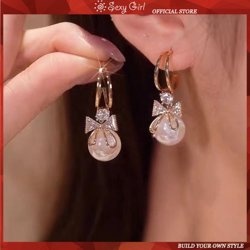Douyin's New Sweet Pearl Bow Earrings S925 Silver Needle C-shaped Diamond-encrusted Net Red Earrings Fashion Design Sense SEXY GIRL JEWELRY
