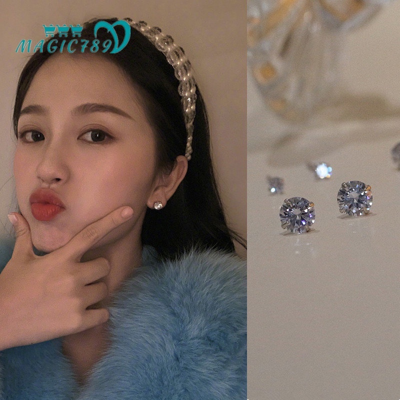 Magic789 Chic S925 Perak Berkilau Bulat Berlian Imitasi Stud Anting Untuk Wanita Perempuan Trendi Bersinar Zirkon Anting-Anting Fashion Telinga Perhiasan