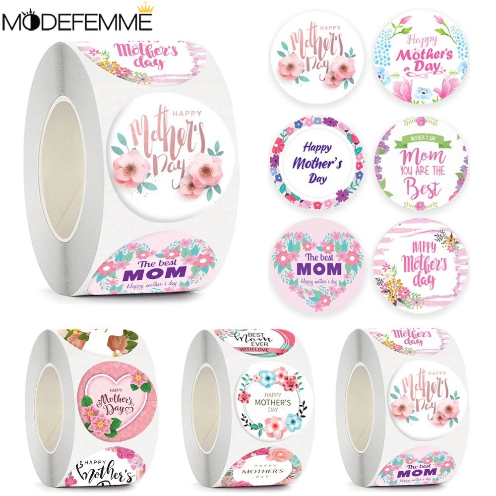 500pcs/roll Hari Ibu Putaran Stiker Kotak Hadiah Dessert Hias Label Thanks Card Amplop DIY Craft Tag Self-adhesive Festival Label Kertas