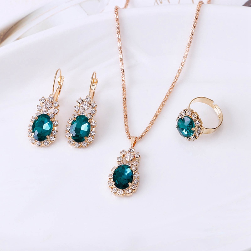 3pcs/set Cincin Kalung Anting Kristal Rantai Cakar Permata Oval