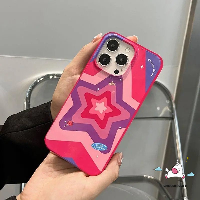 IPHONE Casing Ponsel Permen Glossy Tahan Guncangan Kompatibel Untuk Iphone11 14 12 13 Pro Max XR 7 8 Plus X XS Max SE 2020 Bintang Kartun Lucu Fashion Art Gradasi Pola Warna-Warni TPU Soft Cover