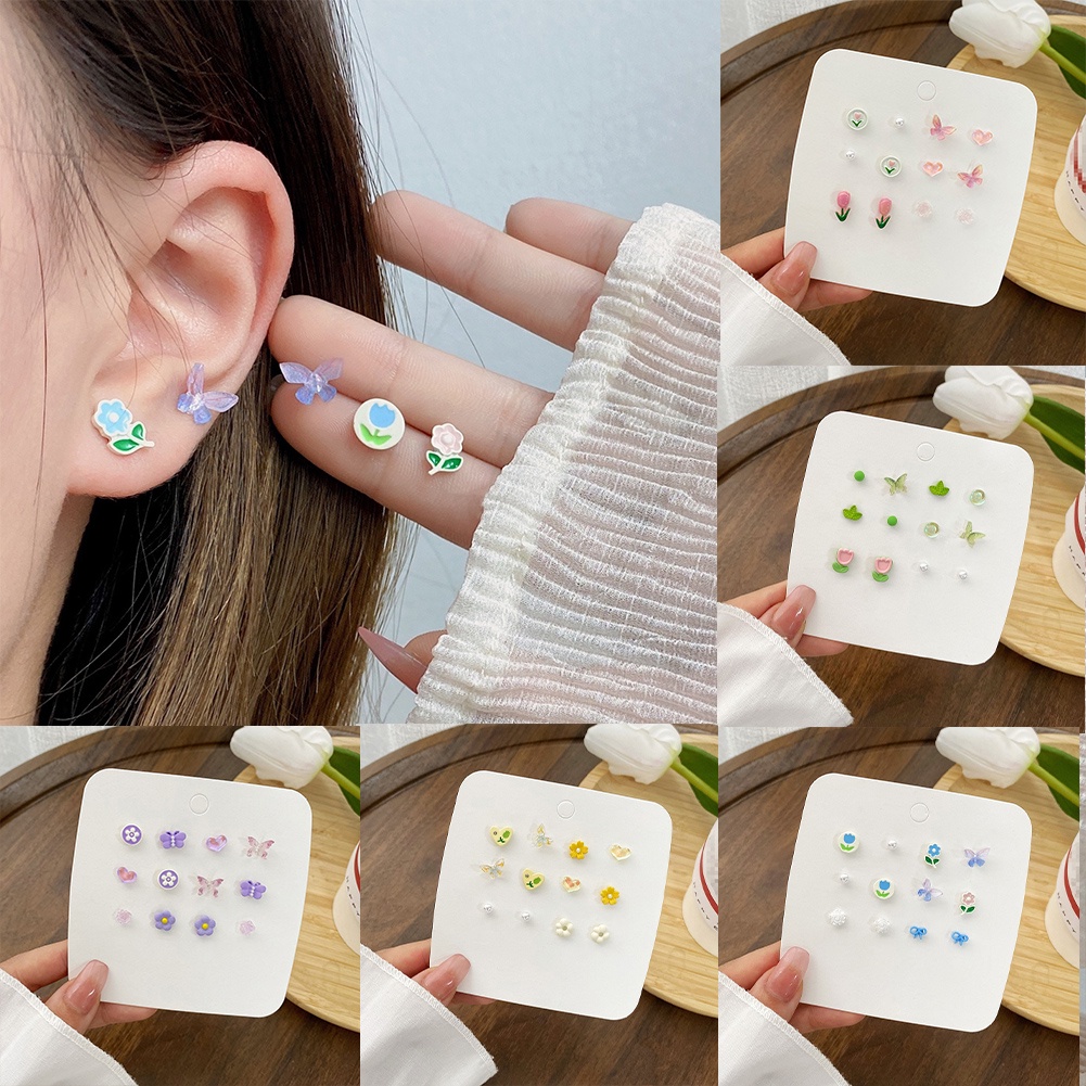 6pasang Paduan Anting Tulip Hati Kupu-Kupu Bunga Stud Earrings Set Untuk Wanita Perempuan Chic Perhiasan Telinga