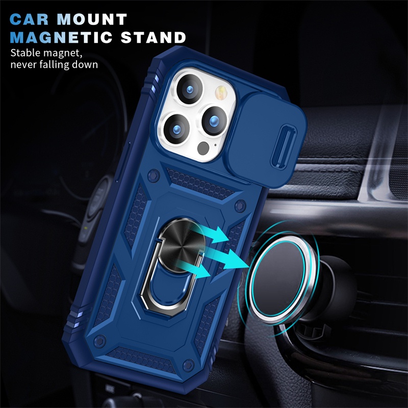 IPHONE Casing Full Case Sersan Push Window Biru Navy Untuk Iphone12 11 13 14 Pro X XS Max14 6 /7 /8 Plus XR 360° Bracket Ring Casing Keras