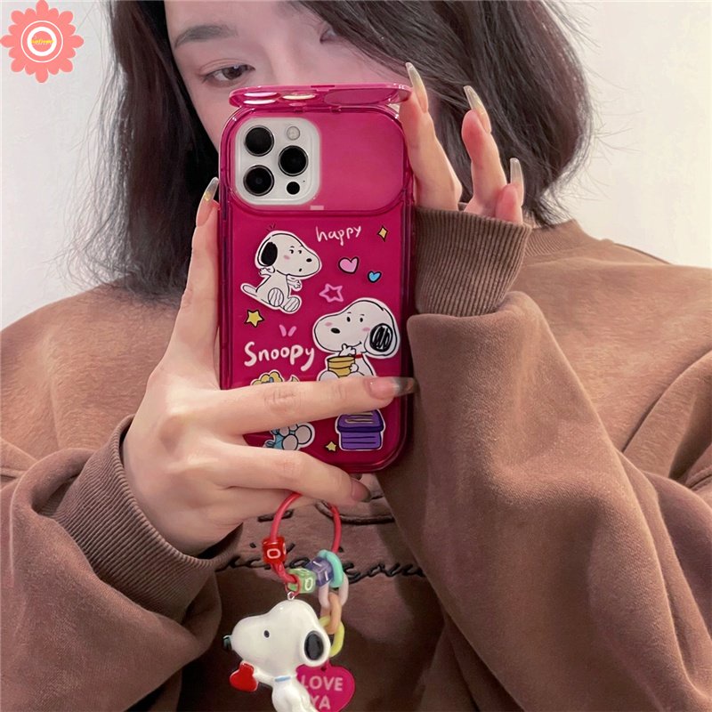 Kartun Snoopy Charlie Brown Lembut TPU Cermin Casing Kompatibel Untuk IPhone XR 78 Plus 11 14 13 12 11 Pro MAX X XS MAX SE 2020 Rose Red Kreatif Flip Make Up Mirror Shockproof Case