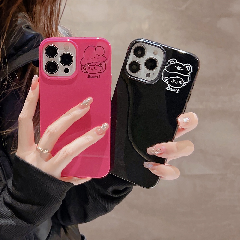 IPHONE Kartun Pasangan Kekasih Potret Kepala Glossy Jelly Warna Solid Lembut Casing Ponsel Cover Untuk Iphone7 8 PLUS X XR XS 11 12 13 14 MINI PRO MAX SE 2020