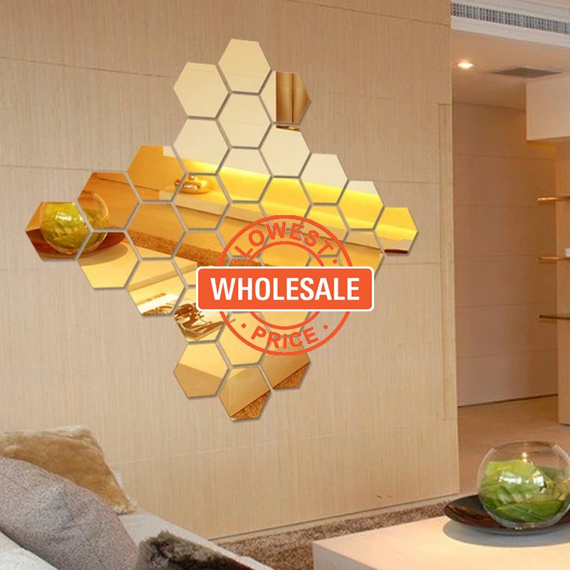 [Grosir] Diy Wall Art Mural Decals Kamar Dekorasi Kamar Tidur 3D Removable Hexagon Mirror Acrylic Self Adhesive Stiker Dinding Decal