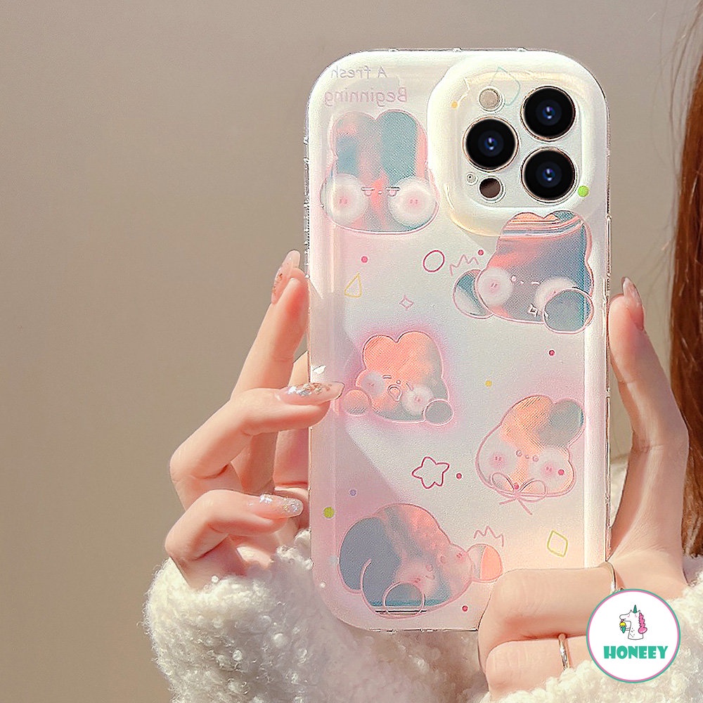 Girly Heart Laser Pink Blush Bunny Phone Case Untuk IPhone 13 Pro 11 12 14 Pro Max Silikon Lembut Shockproof Penutup Belakang