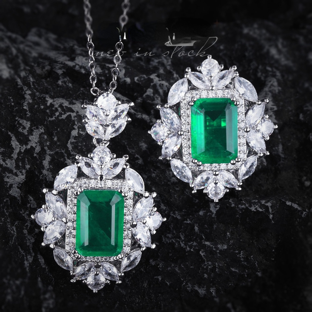 Goldkingdom Fashion Perhiasan Aksesoris Ready Stock Hidup Populer Kristal Band Katun Zamrud Kalung Columbia Berlian Hijau Cincin Terbuka Warna-Warni Harta Set