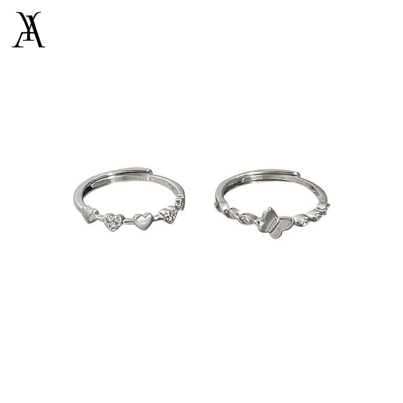 AY(CN) 2pcs/set Cincin Kupu-Kupu Hati Korea Set Kristal Cincin Perak Untuk Aksesoris Perhiasan Wanita