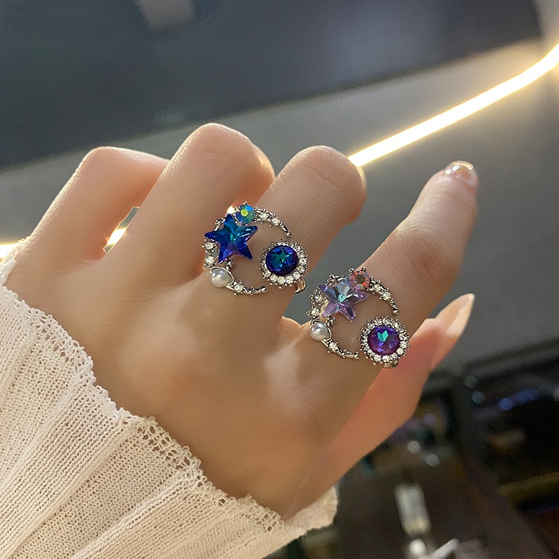 Retro Bulan Bintang Warna Perak Cincin Berlian Imitasi Mutiara Logam Rings Desain Terbuka Cincin Yang Dapat Disesuaikan Pacar Pasangan Rings Wanita Aksesoris Fashion