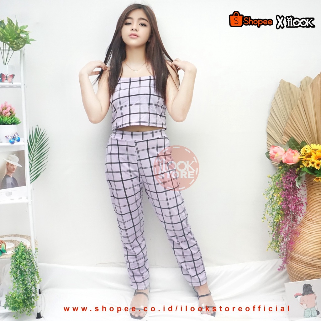 ilook | Set Honey Wanita Korean Style | Set TankTop Kotak Guilen Terkini