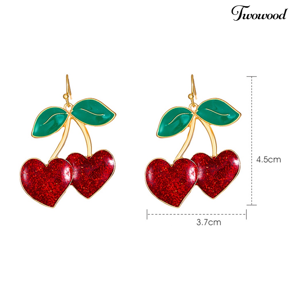 Twowood 1pasang Anting Kait Lucu Bentuk Buah Daun Hijau Tetesan Minyak Cherry Merah Wanita Drop Earrings Fashion Jewelry