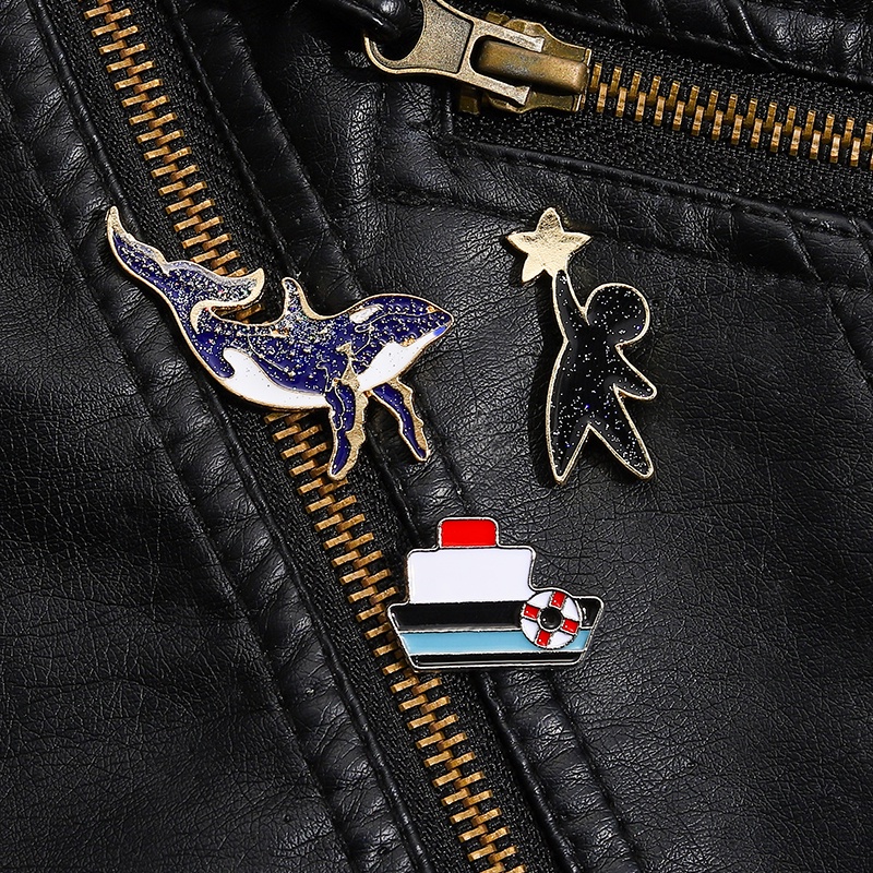 Perahu Paus Enamel Pin Bintang Hewan Lencana Logam Bros Wanita Anak Hadiah Perhiasan Lapel Topi Sweater Aksesoris Grosir