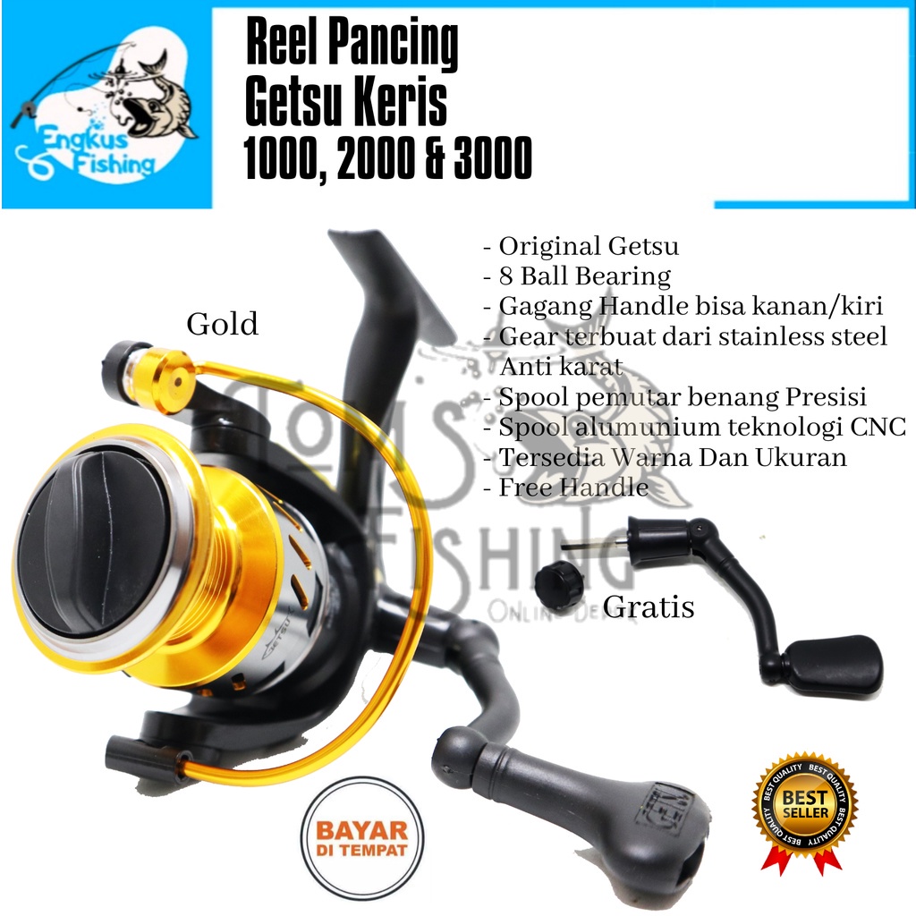 Reel Pancing Getsu Keris 1000, 2000 &amp; 3000 (8 Bearing) Bonus Handle Alumunium Spool - Engkus Fishing