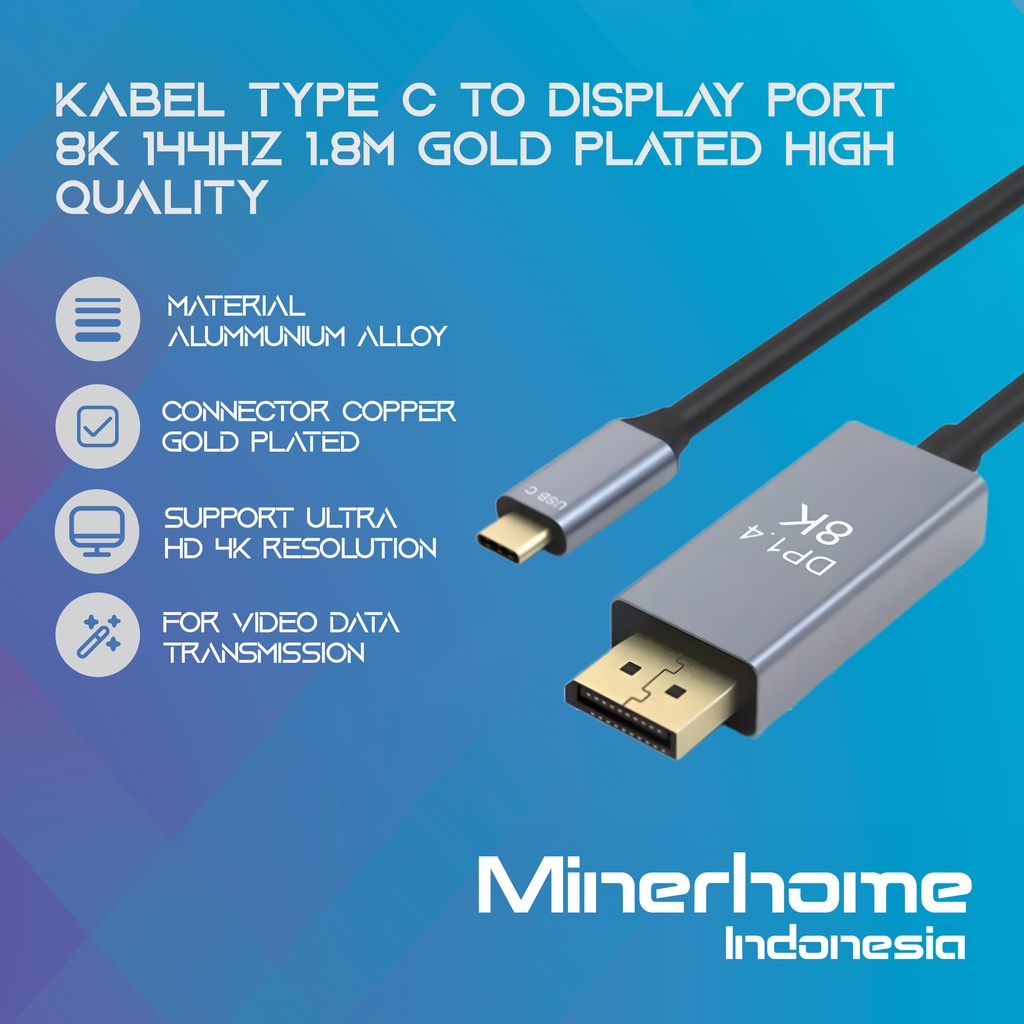 Kabel Type C to Display Port 8K 144Hz 1.8M Gold Plated High Quality