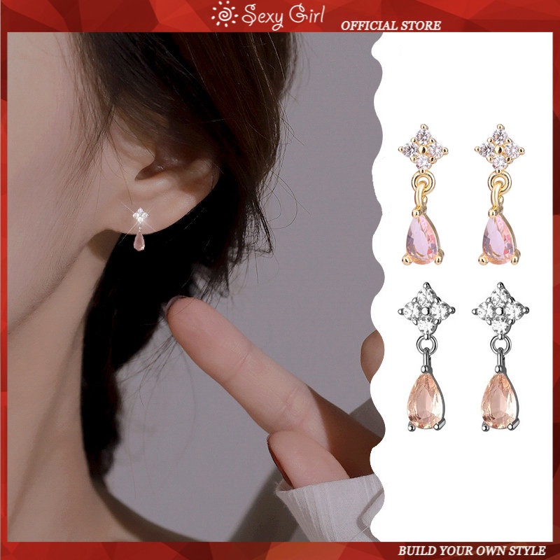 S925 Perak Cahaya Mewah Anting Tetesan Air Dengan Berlian Temperamen Niche Desain High-end Anting-Anting Kecil Segar Lady Earrings Perhiasan Gadis Seksi