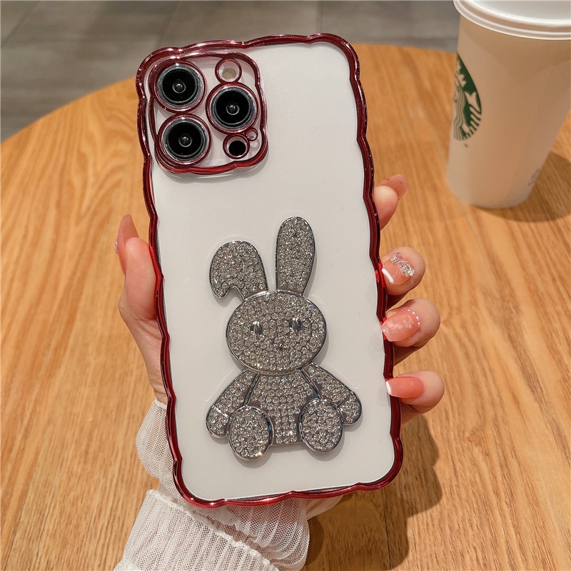 Luxury flash drill rabbit wavy border silicone soft shell phone case Kompatibel Untuk iphone7/8plus X XS XSMAX XR iphone7/8Sarung Penutup Belakang Tahan Guncangan