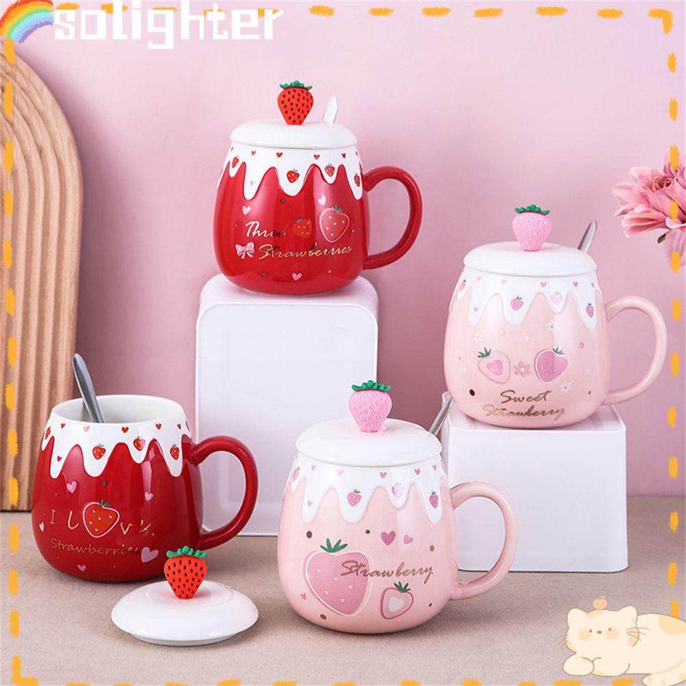 Solighter Strawberry Coffee Mug Sendok Porcelain Tempat Minum Keramik Lucu