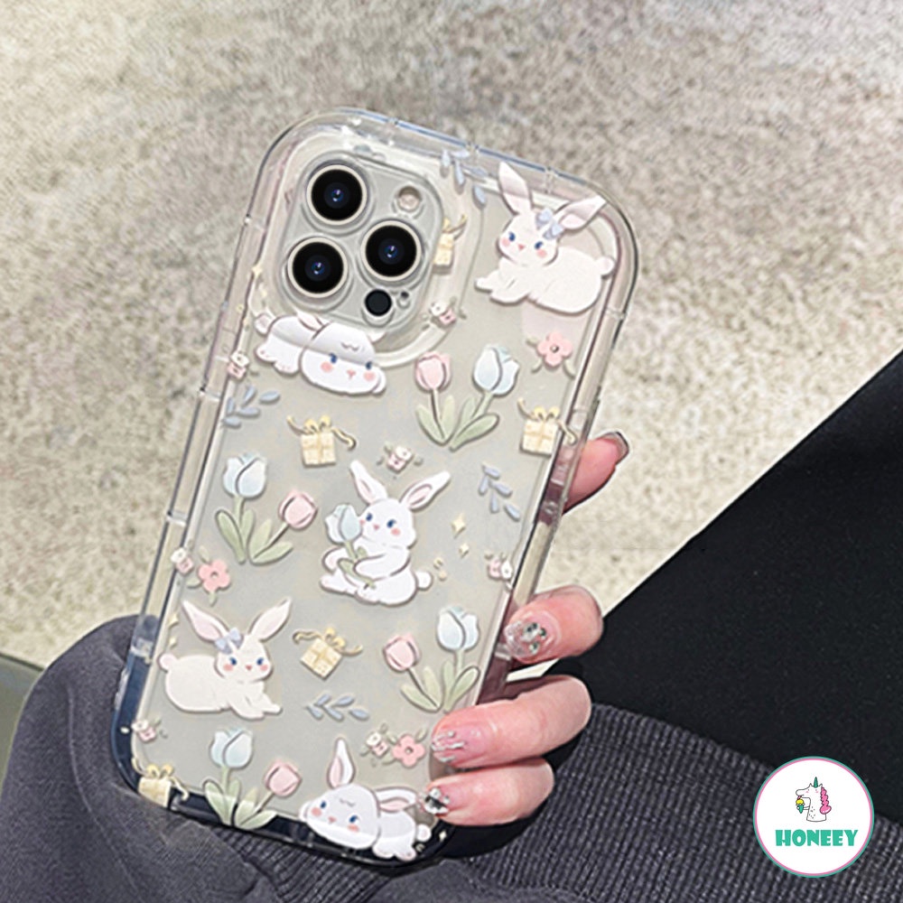 Cute Floral Flowers Rabbit Tebal Casing Ponsel Untuk iPhone 14 Pro 13 12 11 Pro Cover Silikon Lembut Indah Bumper Ponsel Bening Penutup Belakang