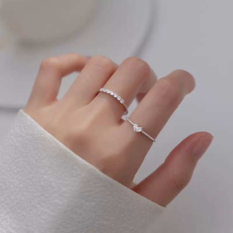 Papaozhu Chic Perak Bersinar Manik-Manik Kristal Cinta Hati Cincin Untuk Wanita Perempuan Mewah Berkilauan Peach Jari Manset Rings Engagement Finger Accessories