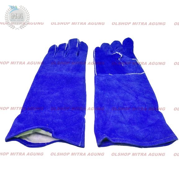 OLS Sarung Tangan Kulit Las Biru 16 Inch Leather Welding Gloves Max Blue MA