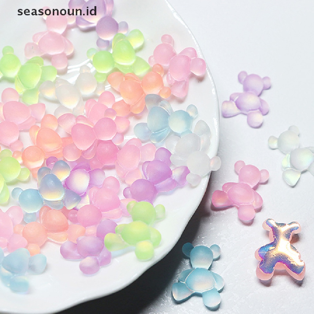 Seasonoun 10Pc Glow In The Dark Kawaii Candy Pink Bear Nail Ch Dekorasi Macaron Bears Akrilik Berlian Imitasi Bagian Perlengkapan Kuku.