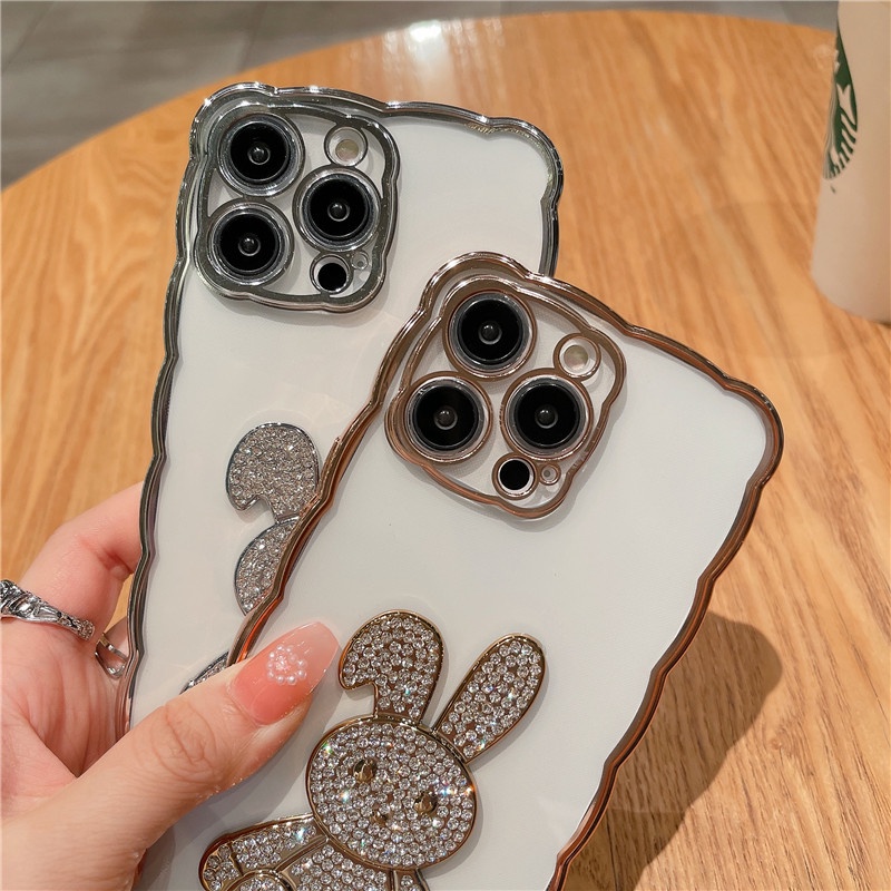 Luxury flash drill rabbit wavy border silicone soft shell phone case Kompatibel Untuk iphone7/8plus X XS XSMAX XR iphone7/8Sarung Penutup Belakang Tahan Guncangan