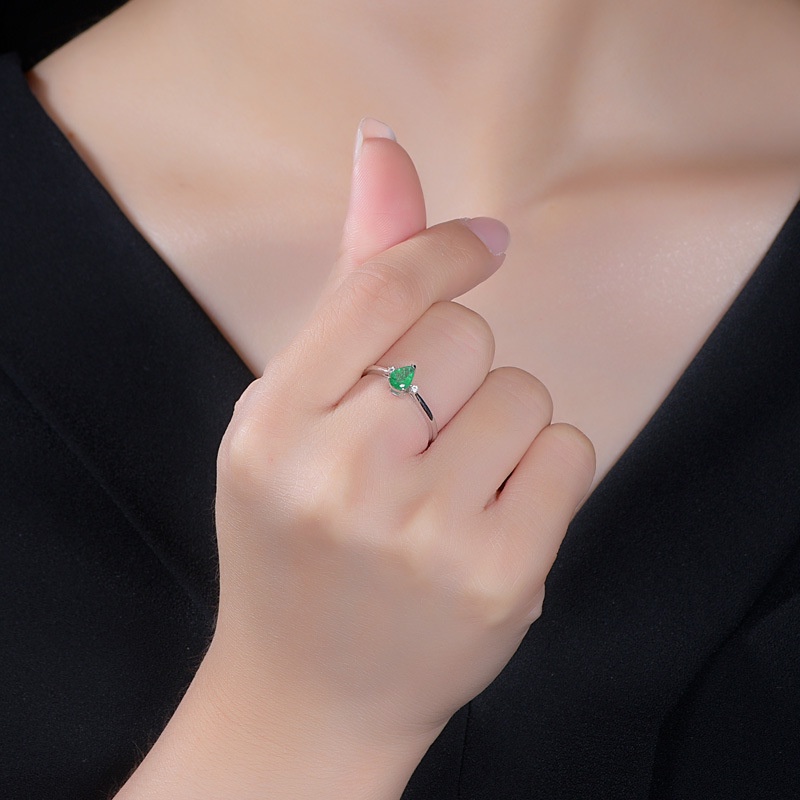 Goldkingdom Fashion Perhiasan Aksesoris Ready Stock Gaya Baru Bertatahkan Karat Nenek Hijau Tetesan Air Pir Berbentuk Cincin Terbuka Eropa Dan Amerika Halus Slim Ring